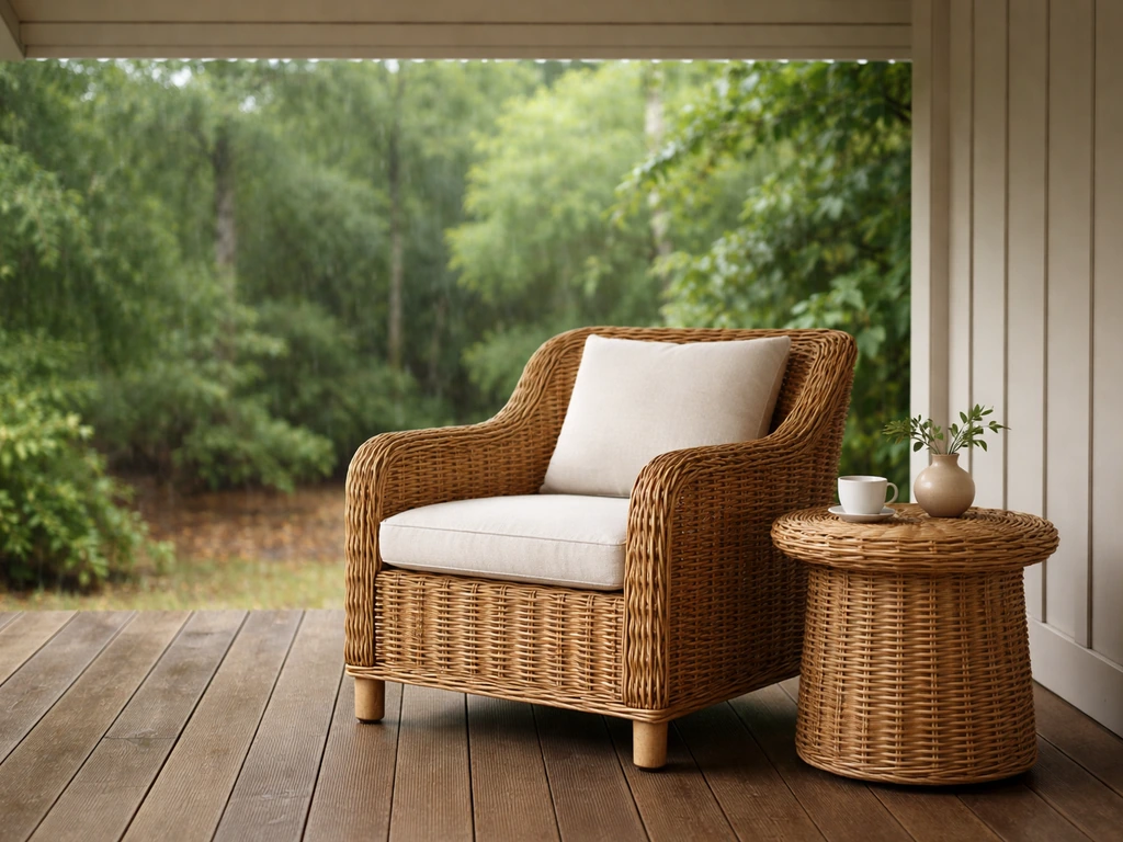 Natural wicker chair on a covered patio, sheltered from rain to avoid mildew risk.