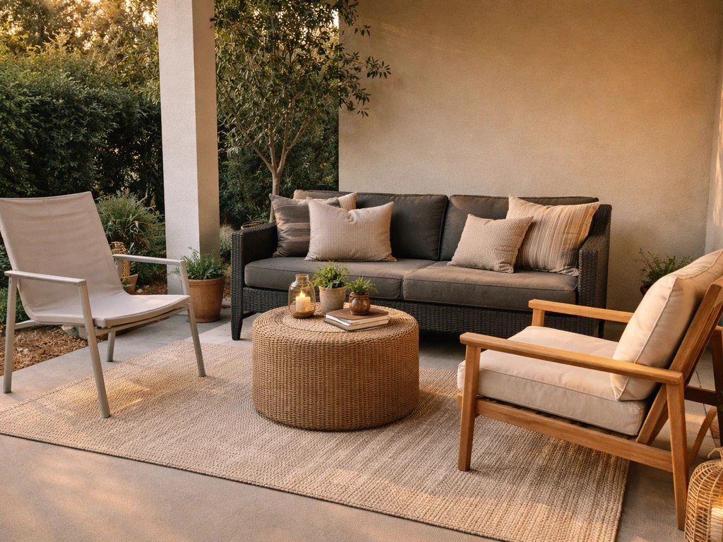 Cohesive mixed patio seating with an anchored settee, contrasting chairs, and weatherproof materials in natural light.