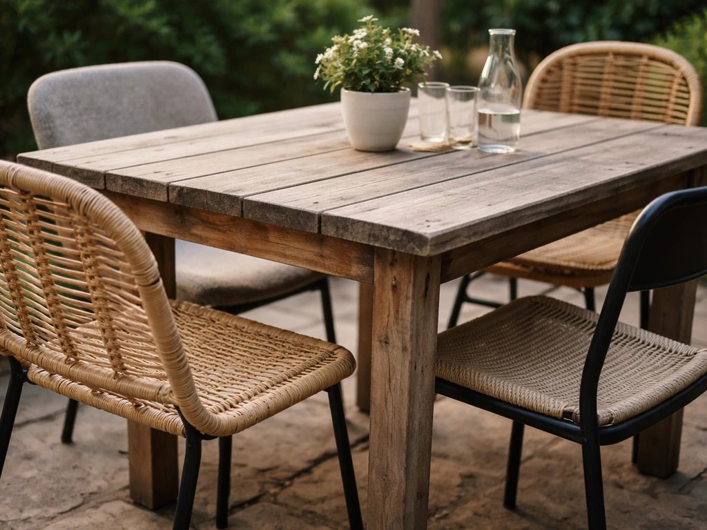 Close-up of a patio dining table with mismatched chairs around it, showing mixing and matching.