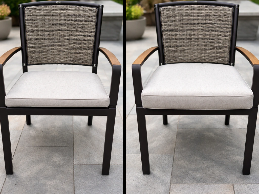 Two outdoor dining chairs side by side showing thin vs thick seat cushions and height difference.