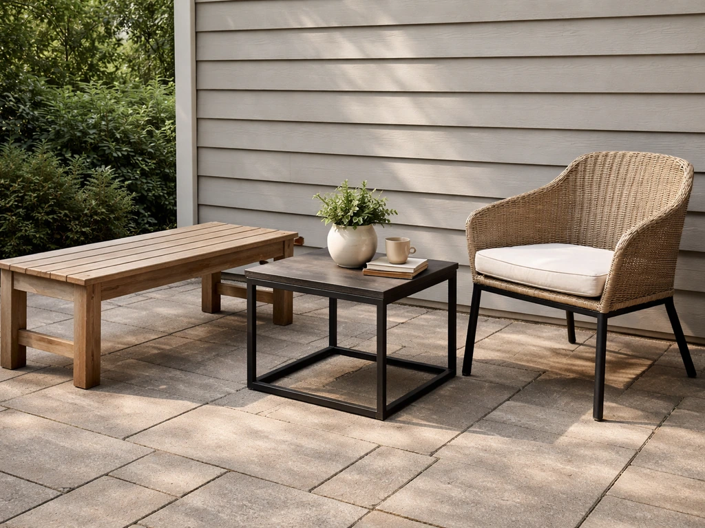 Wood bench, metal table, wicker chair, and composite outdoor pieces grouped together on a sunny patio.