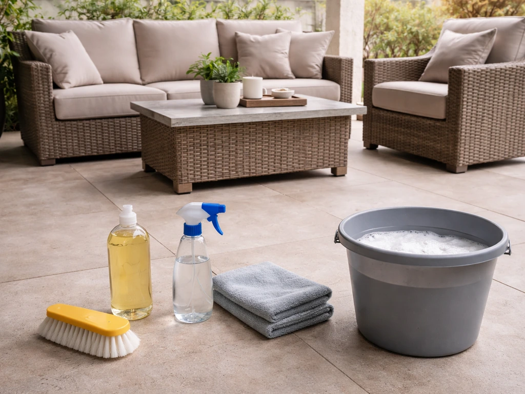 Resin wicker patio furniture with neatly arranged cleaning supplies and cloths for easy mixed-material upkeep.