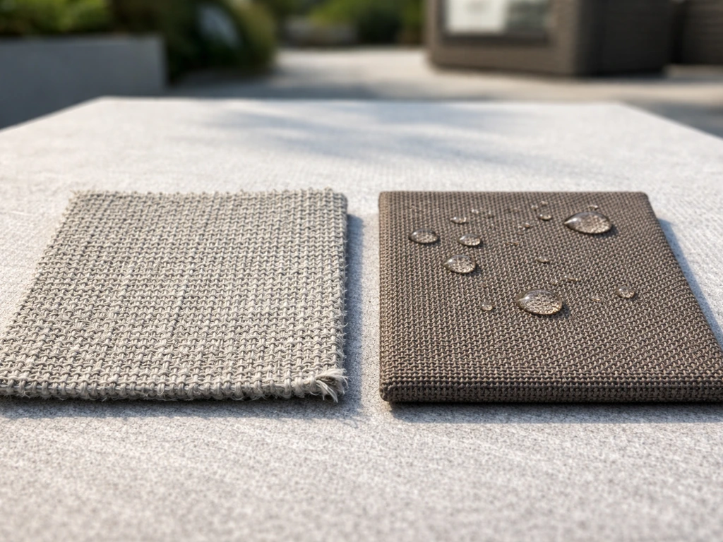 Close-up of outdoor patio furniture material samples showing sun-faded fabric and weather-protected cushions.