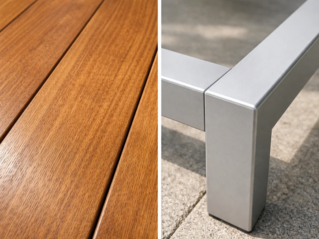 Teak wood grain close-up beside a clean aluminum patio frame joint detail in natural light.