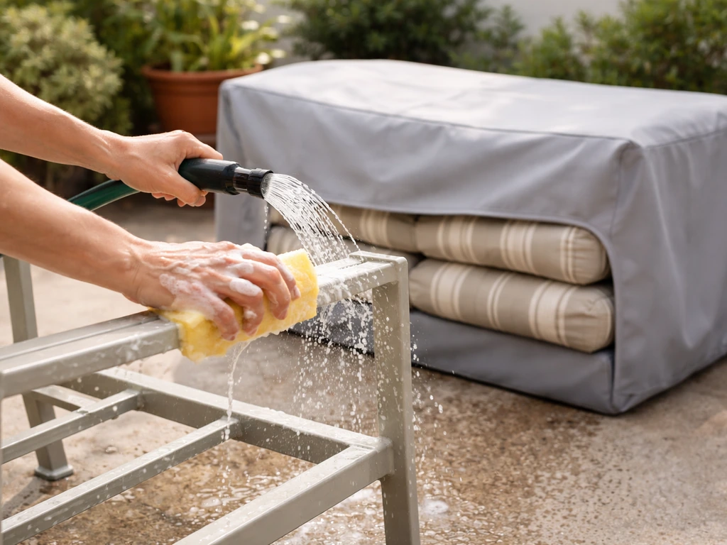Person rinses outdoor patio furniture with mild soap, then covers cushions for moisture protection.