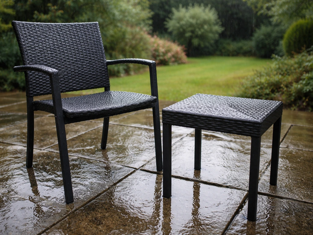 Wet UK patio chair and table in light rain, showing water beading on surfaces.