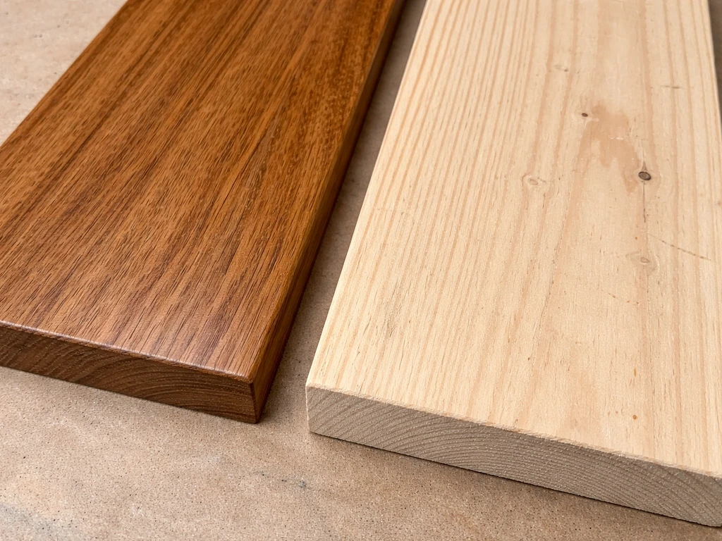Close-up comparison of teak hardwood and a softer wood plank showing grain and weathered surface differences.