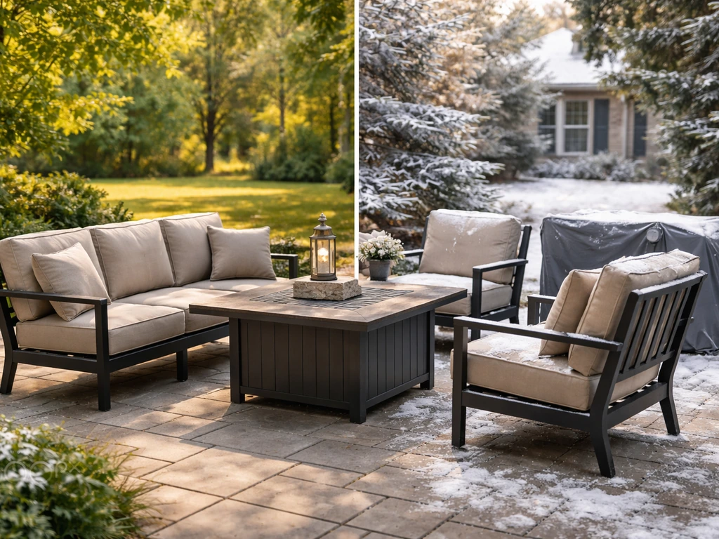 Durable patio furniture on a backyard patio split between summer greenery and light snow, showing resilience year-round.