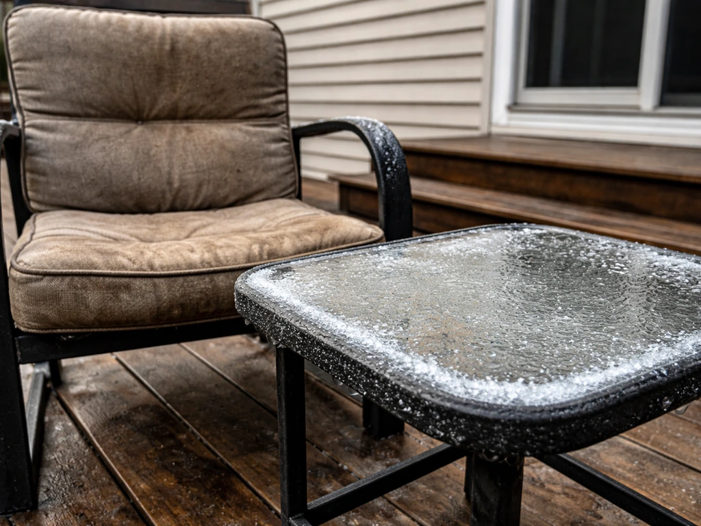 Outdoor patio furniture with weather damage: faded cushions, rain-splashed metal, and a thin ice layer from freeze-thaw.