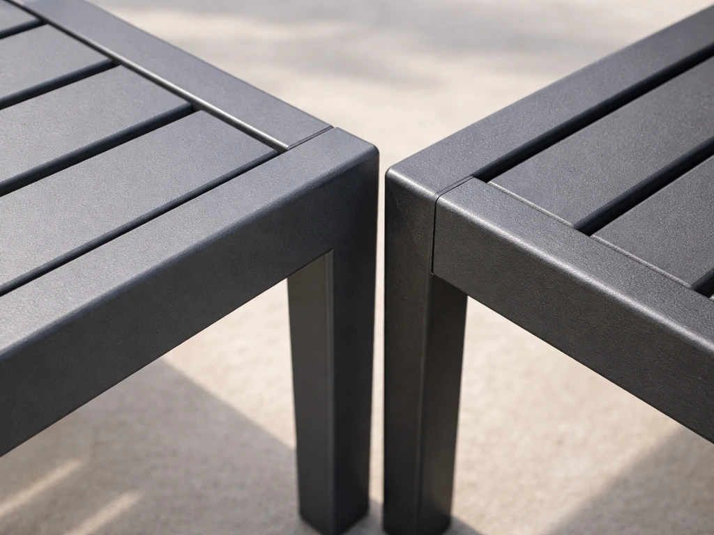 Close-up of powder-coated aluminum and steel patio frame parts showing intact, corrosion-resistant coating.