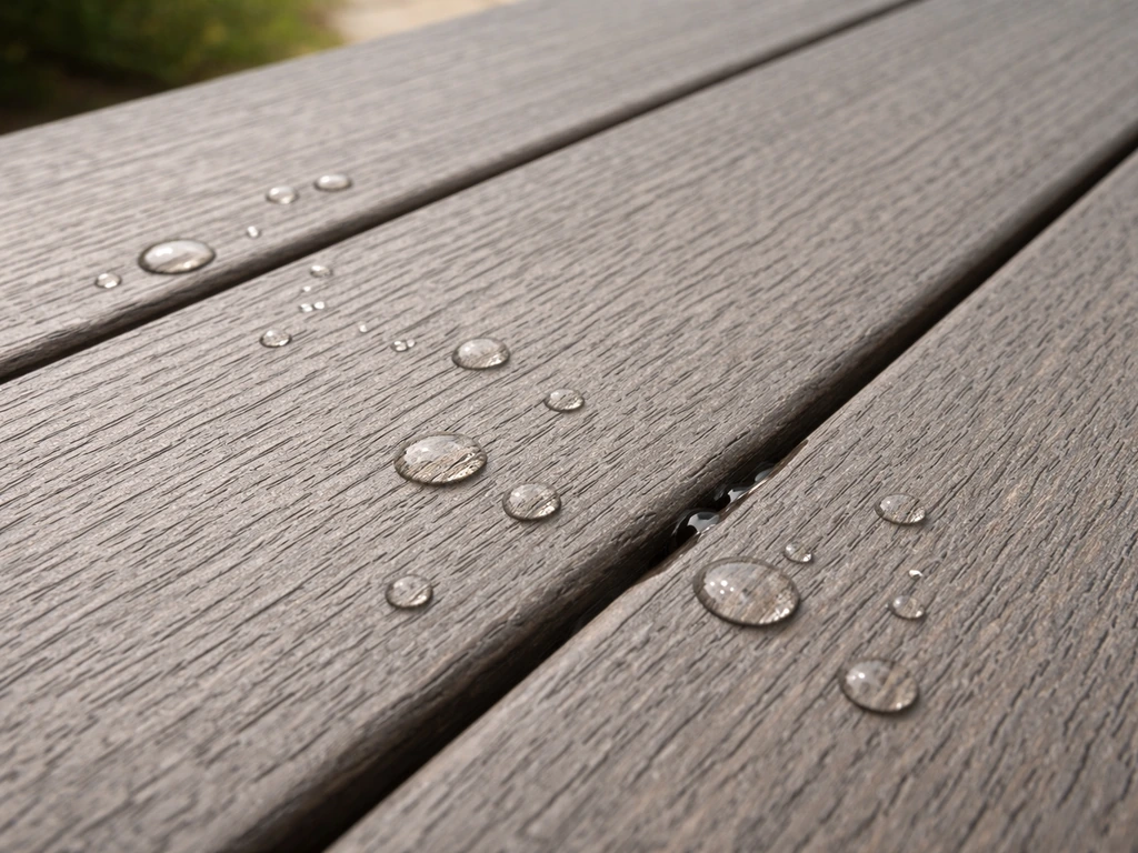 Close-up of HDPE composite patio lumber with visible grain and water beading for fast drainage.