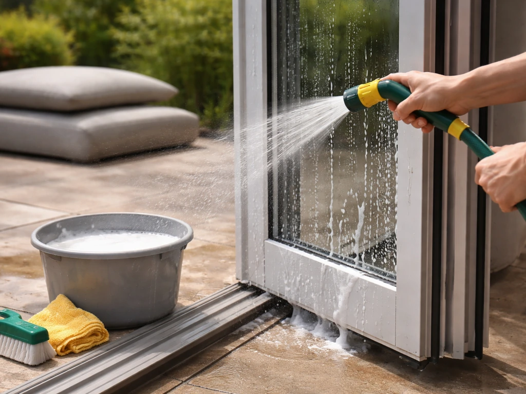 Gardening scene rinsing an aluminum window frame with a gentle hose, mild soapy water nearby, cushions resting