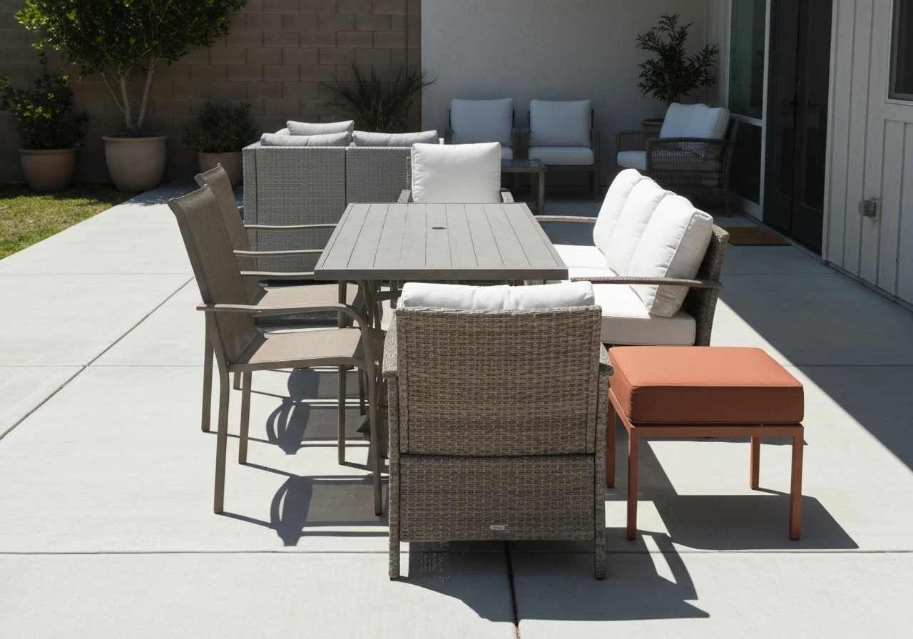 Bright patio with neatly arranged sample patio furniture in neutral, light gray, cream, and warm accent colors