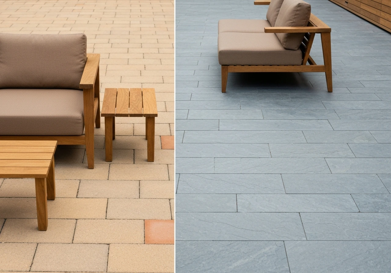 Warm taupe furniture and wood beside sandy pavers contrasted with cool gray slate-look tile flooring.