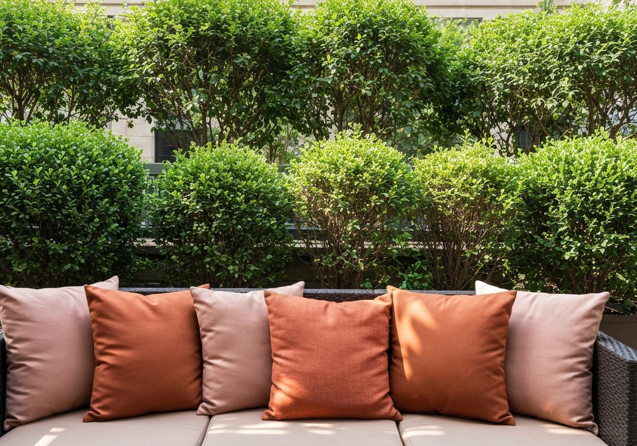 Green patio landscaping with terra cotta, rust, and dusty rose cushions creating warm contrast