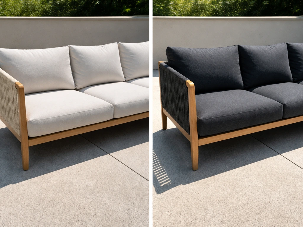 Patio chairs in light and dark finishes side by side under strong sun on a simple outdoor patio