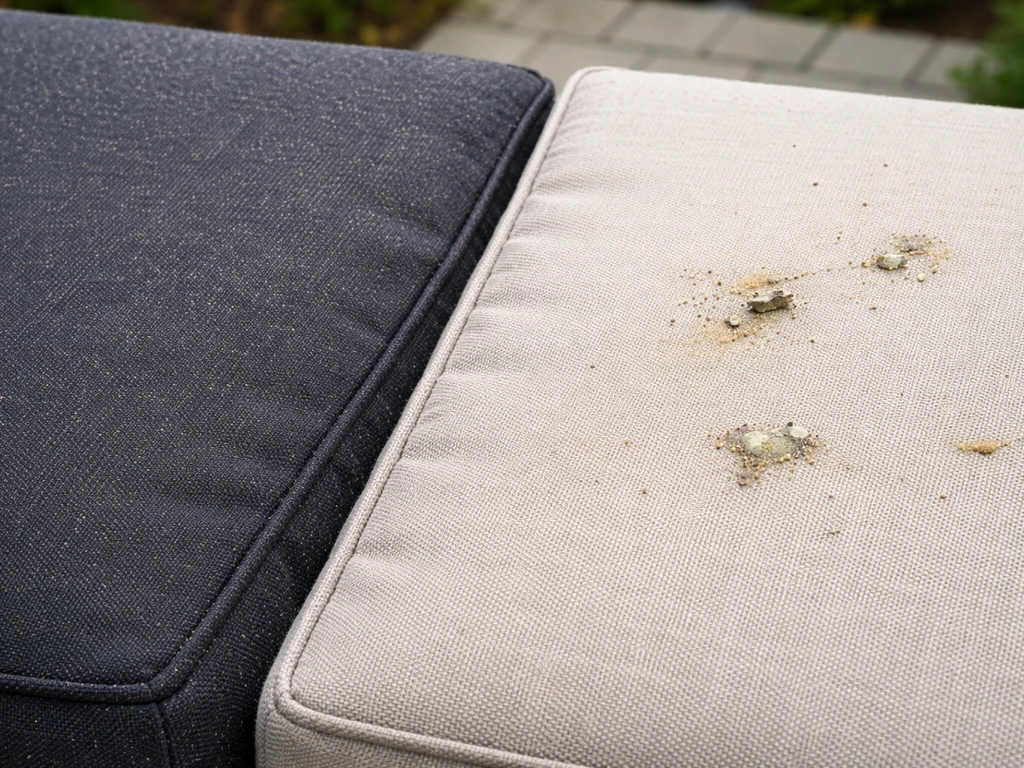 Close-up of sofa upholstery in dark and light colors showing dust and bird-dropping specks visibility differences.