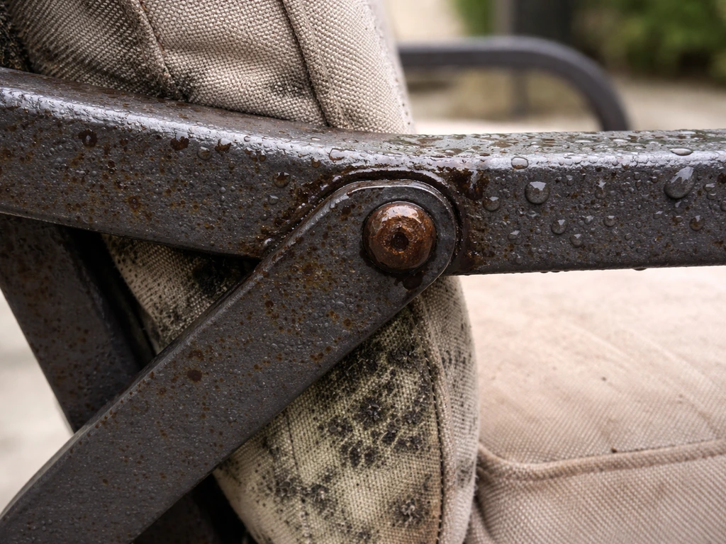 Close-up of corroded patio metal hardware with rust spots and mold-like spotting on nearby cushion edges.