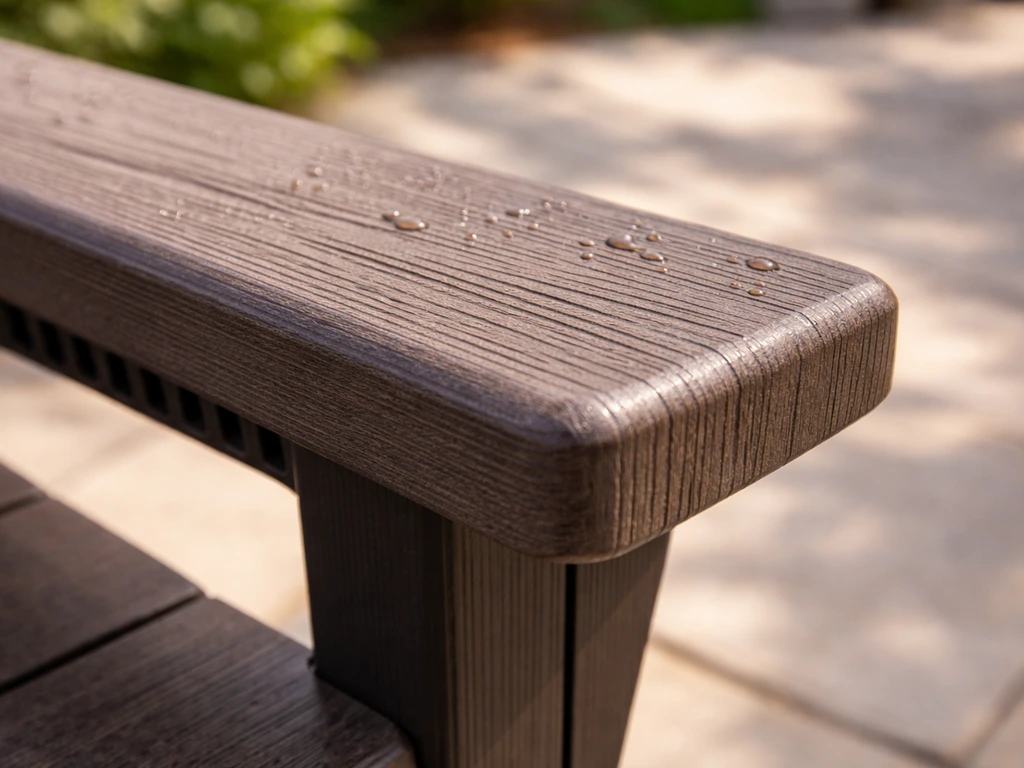 Closeup of molded HDPE composite outdoor furniture with wood-grain texture and drainage edges