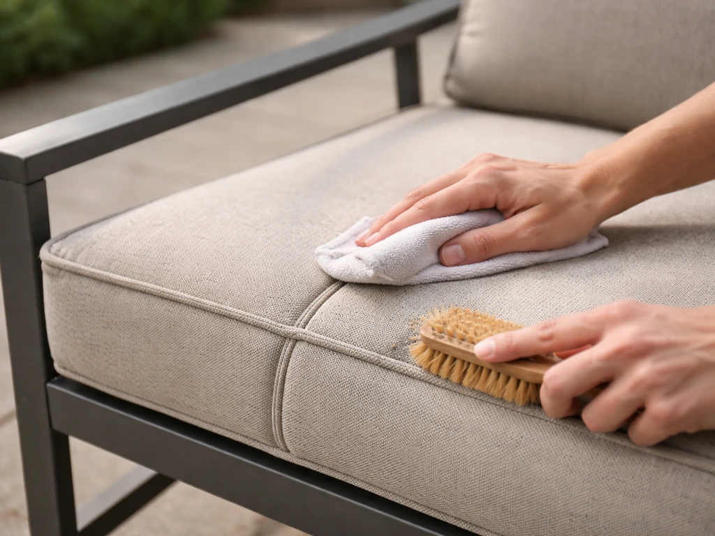 Hands cleaning outdoor cushion seams with a soft cloth and brush on a patio frame in humid weather.