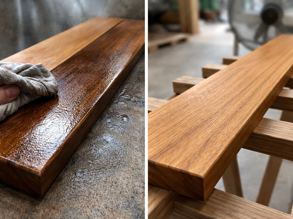 Close-up contrast: damp, poorly ventilated teak oil treatment risk vs properly dried, ventilated storage.