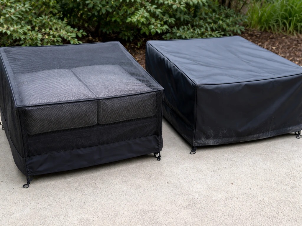 Patio furniture under breathable mesh vs solid vinyl covers, showing dry cushions versus trapped moisture.