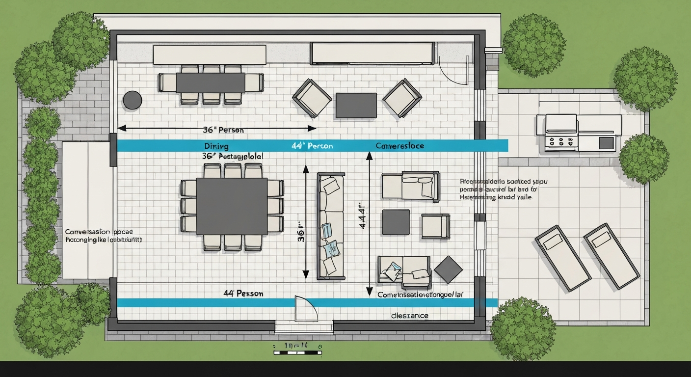 Top-down illustrated patio plan showing dining, conversation, lounge, and grill zones with labeled 36-inch and 44-inch clearance overlays and a scale bar.