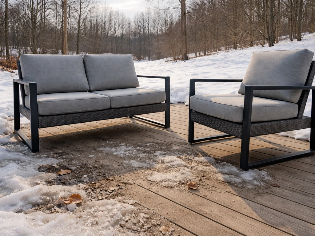 Durable aluminum and resin wicker patio furniture on a snowy-to-melting Minnesota patio with salt residue.