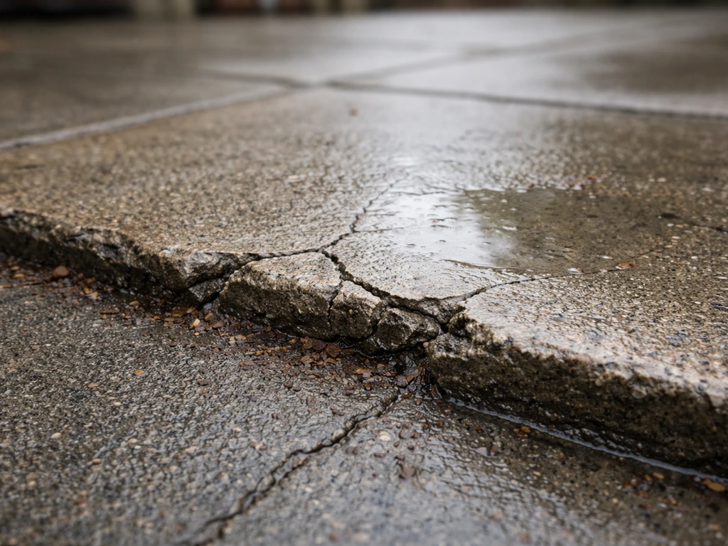 Close-up of freeze-thaw cracks and spalling on a patio surface with water trapped near the base.