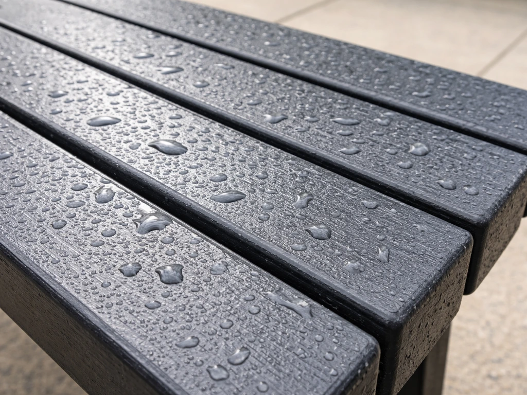 Close-up of thick HDPE plastic slats with water beading on an outdoor bench surface.
