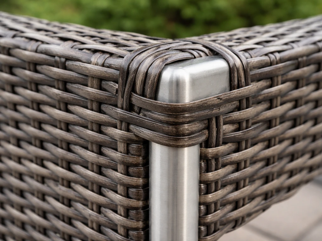 Close-up of all-weather resin wicker weave and aluminum frame connection points in natural light.