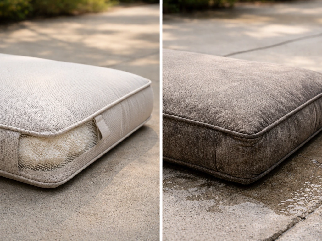Two outdoor cushions showing breathable fabric and quick-dry vs damp condition side by side