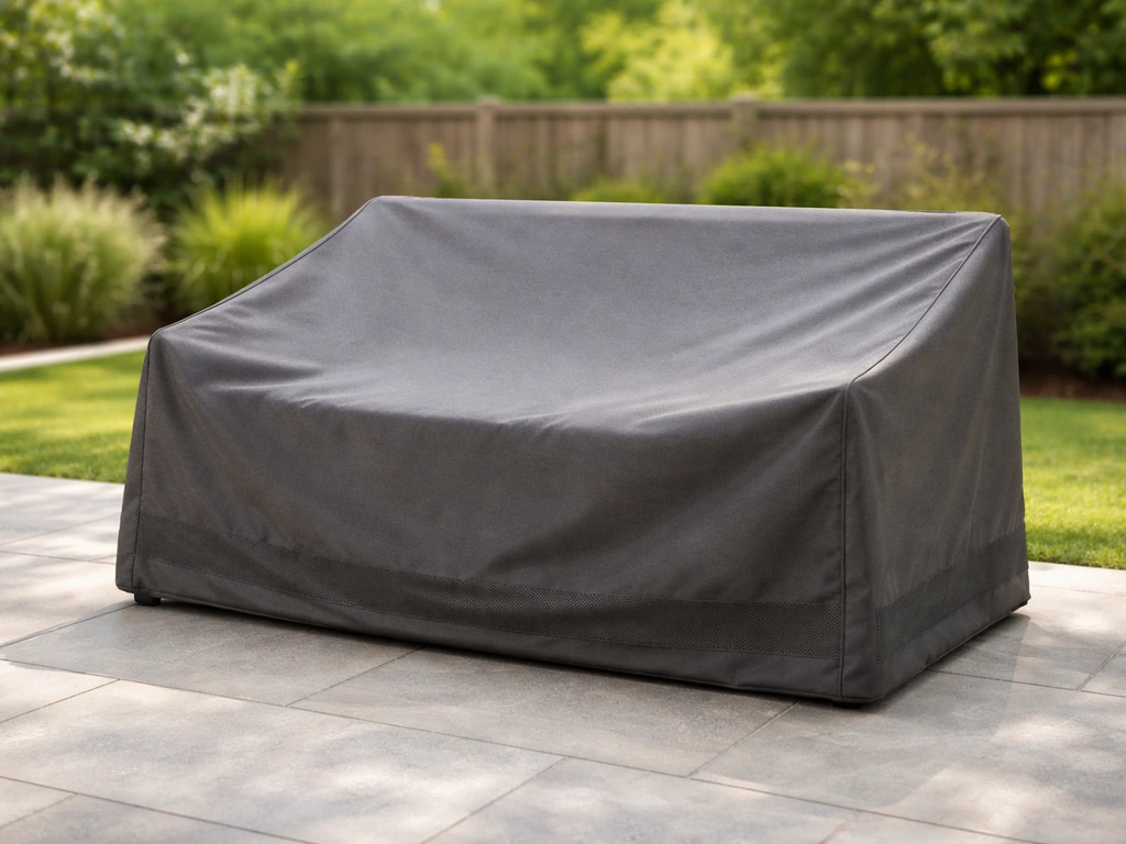 Patio furniture with a snug breathable cover protecting outdoor seating from rain and UV.
