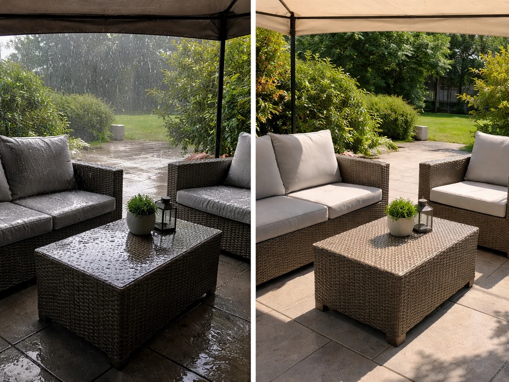 Side-by-side patio furniture: covered set in heavy rain vs uncovered set in dry sun.