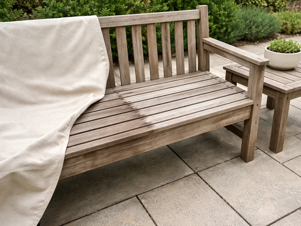 Weathered wood patio furniture beside a partially covering to show reduced moisture exposure.