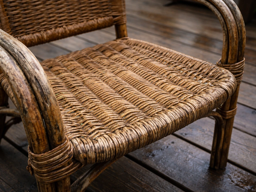 Close-up of moisture-damaged wicker/rattan weave with swollen, cracked strands on an outdoor deck.
