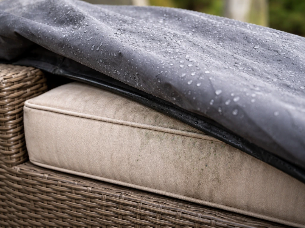 Close-up of a cover sealed over damp furniture, showing trapped moisture and condensation on fabric.