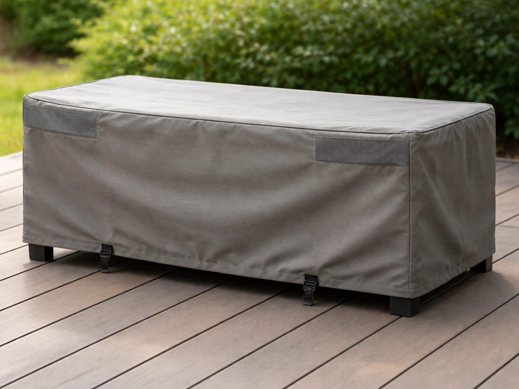 Patio furniture cover draped over outdoor bench with visible snug fit, straps, and vented fabric.