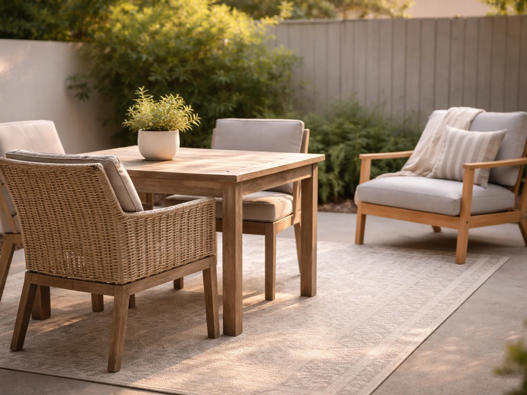 Styled outdoor patio with intentionally mixed dining and lounge furniture in a cohesive neutral palette.