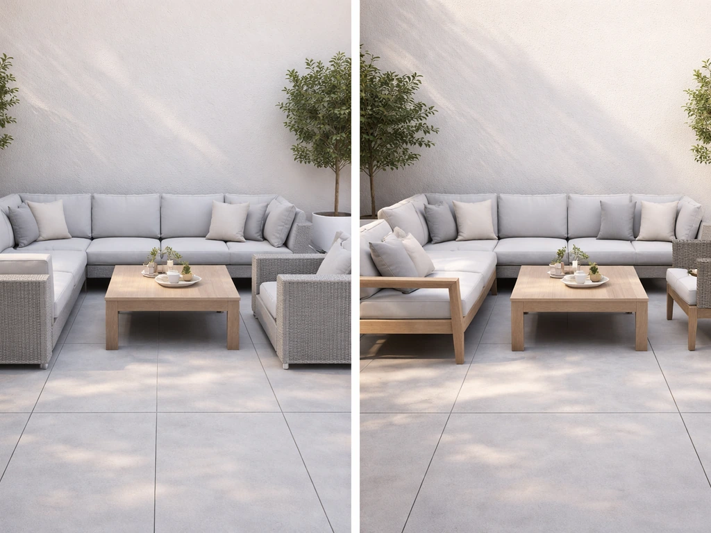 Split view showing a fully matched patio set on one side and a coordinated mixed set on the other.