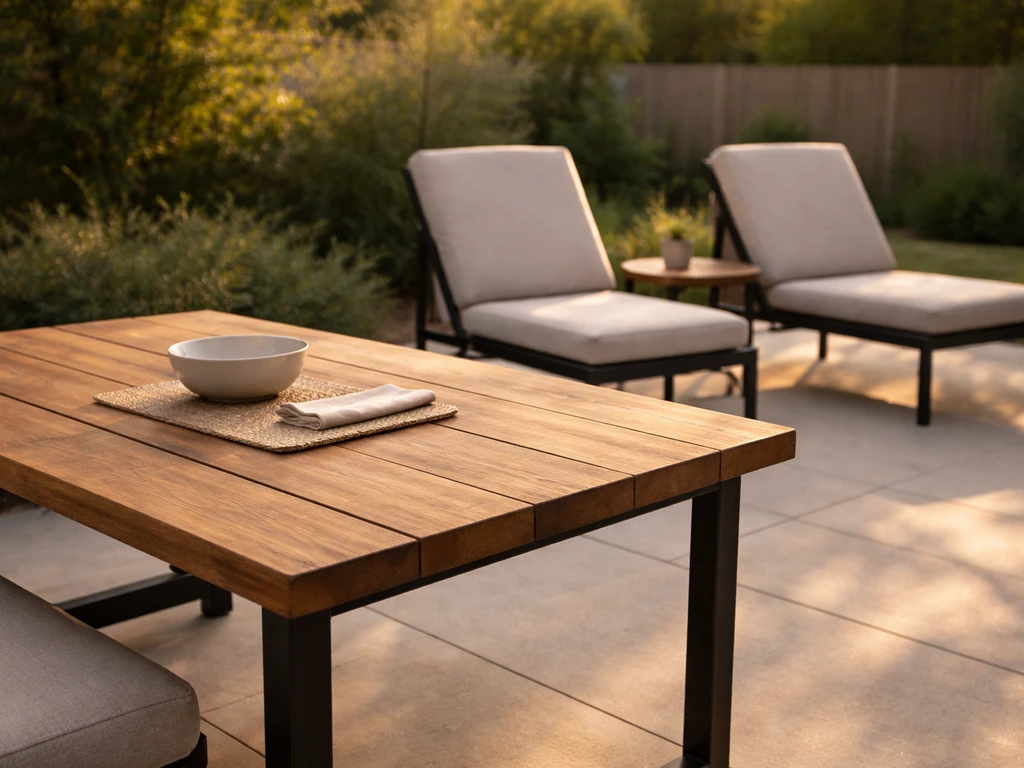 Outdoor patio with a premium dining table paired with simpler lounge chairs and a small side table.