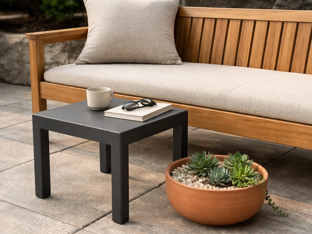 Close-up of teak bench with charcoal metal side table and simple terracotta/beige accents outdoors.