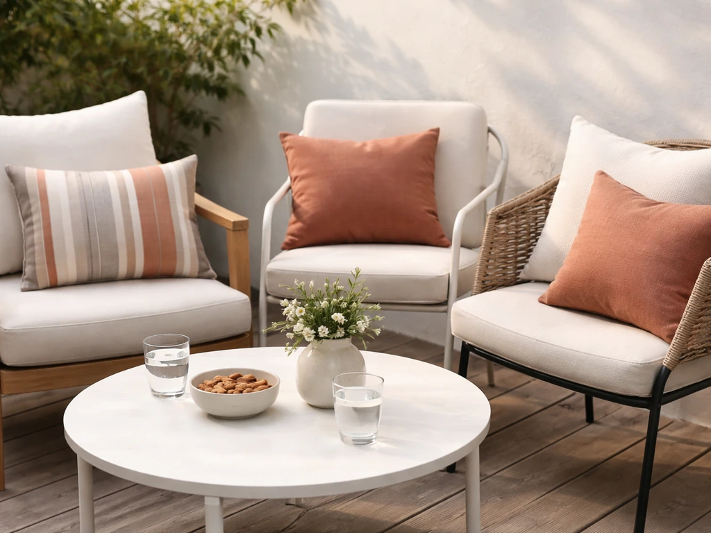 Outdoor patio dining/lounge chairs unified by coordinated throw pillows in a shared color story.