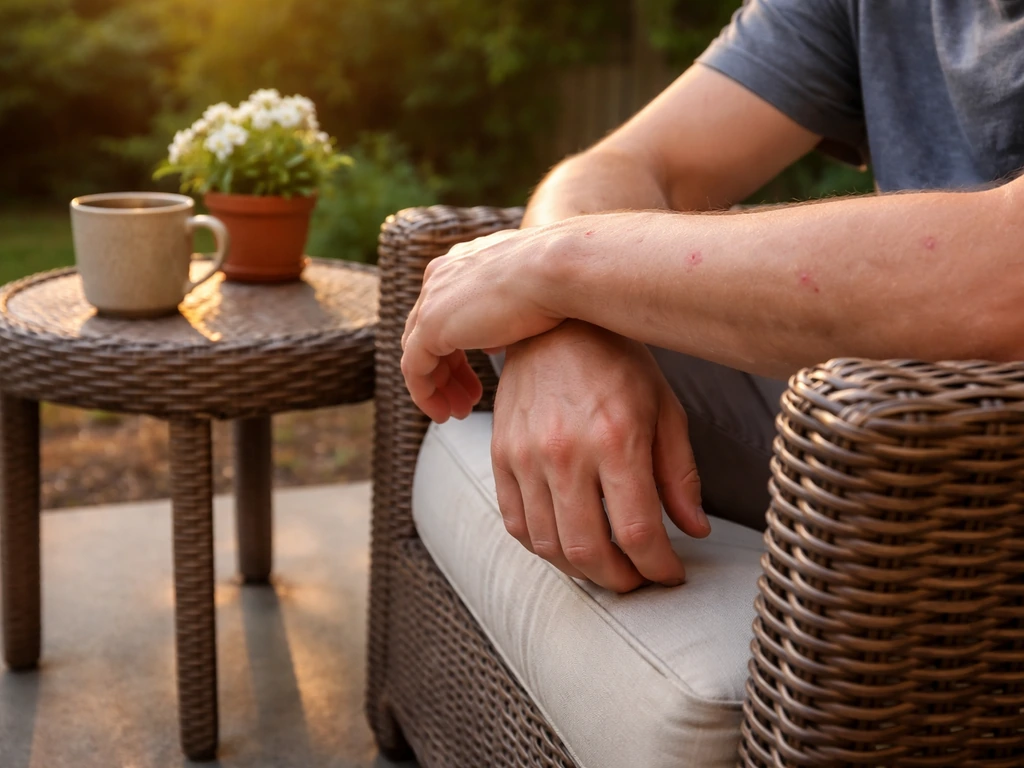 Outdoor patio seating with an adult’s forearms showing subtle red bug-bite marks.