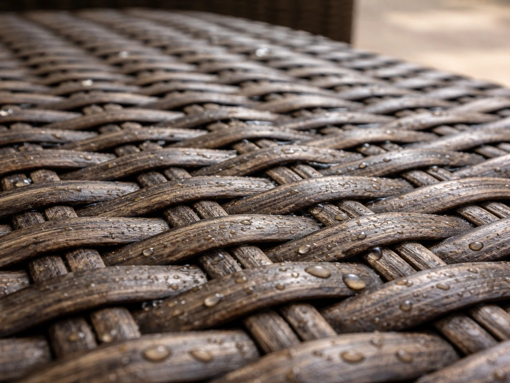 Close-up of damp patio wicker weave with crevices and dust, showing bug hiding/resting spots near humans.