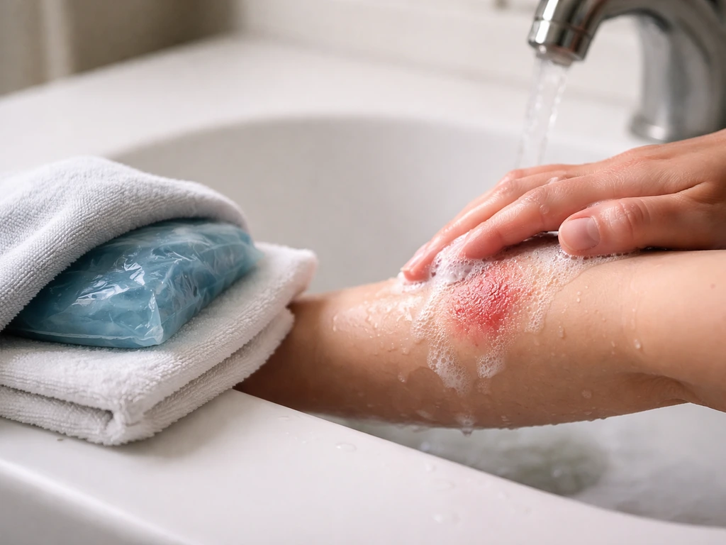 Hand washing an itchy skin bump next to a cold compress on a bathroom counter.