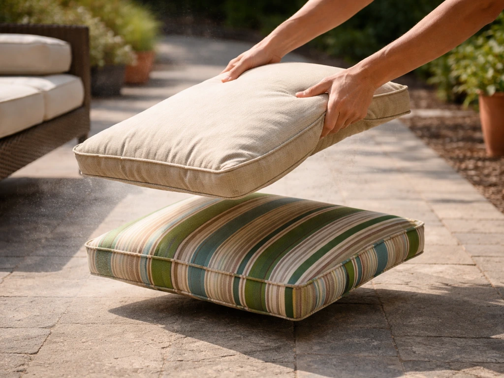 Outdoor patio cushions being removed and vigorously shaken on an open walkway.