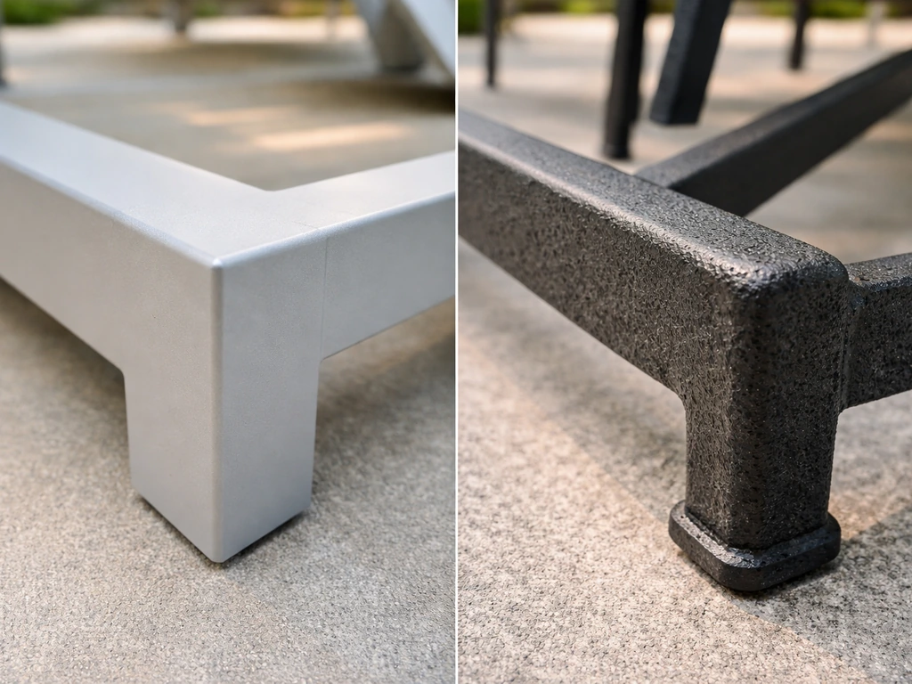Close-up comparison of smooth powder-coated aluminum vs rougher older wrought-iron patio furniture surfaces.