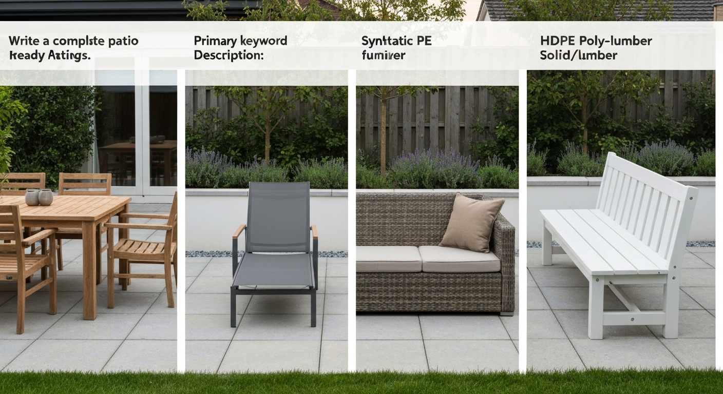 Wide lifestyle photo of a patio showing teak table, powder-coated aluminum chair, synthetic wicker sofa, and HDPE bench side-by-side, with neutral cushions and a cushion partially unzipped to show quick-dry foam.