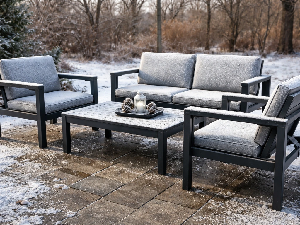 Outdoor patio set of powder-coated aluminum furniture with HDPE slats beside snow-covered paving stones.